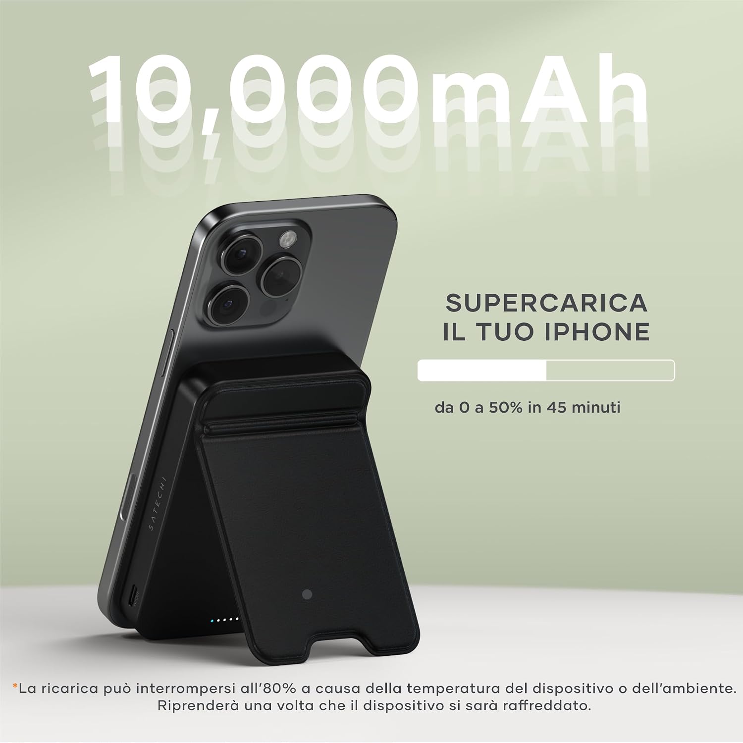 Detalle de SATECHI OntheGo™ Power Bank MagSafe 10000mAh con supporto integrato e ricarica Qi2 (15W)