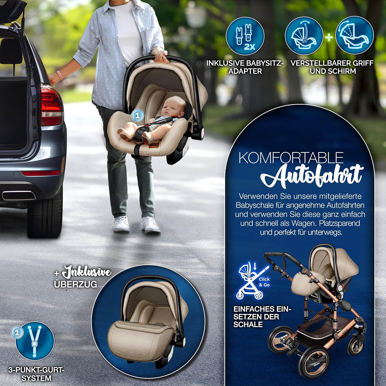 Thumbnail 5 de KIDUKU 3-in-1 Kinderwagen-Set XXL mit Babywanne, Sportsitz, Buggy-Anpassung & Babyschale