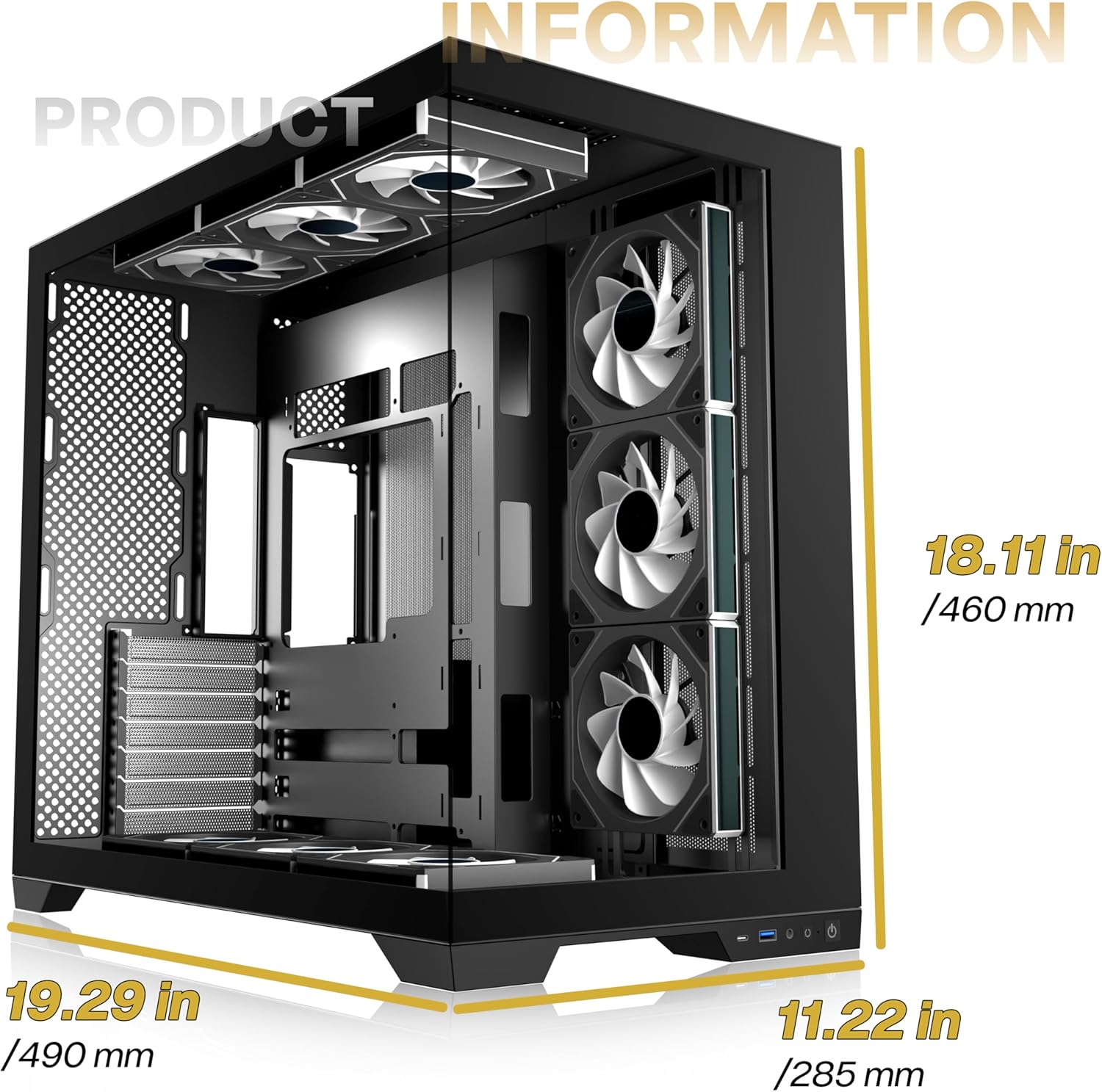 Detalle de ANSAITE PC Case K9 with 9 PWM ARGB Pre-Installed Fans, Mid-Tower Tempered Glass (Type-C, 360mm/420mm Radiator Support)