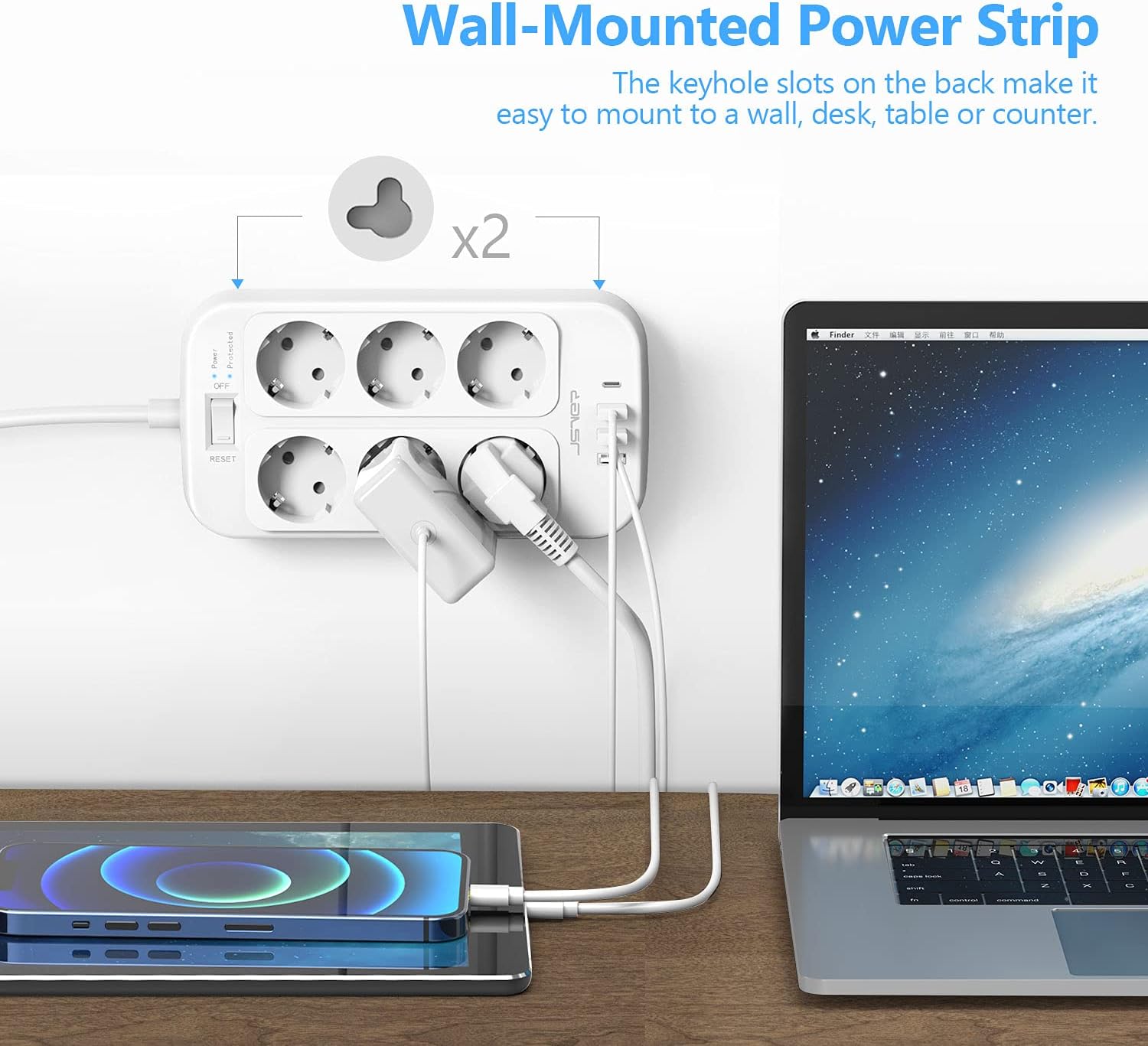 Thumbnail 4 de JSVER Multiprise 3M : bloc 6 prises avec 4 ports USB (3 USB-A + 1 USB-C) et protection surtension