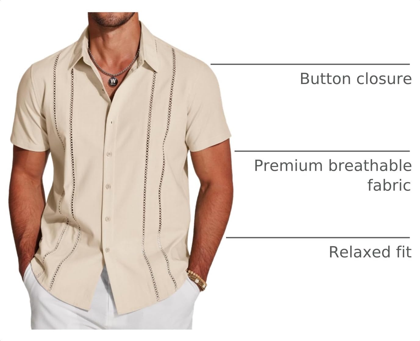 Detalle de COOFANDY Men's Cuban Guayabera Shirt - Short Sleeve Linen-Blend for Summer