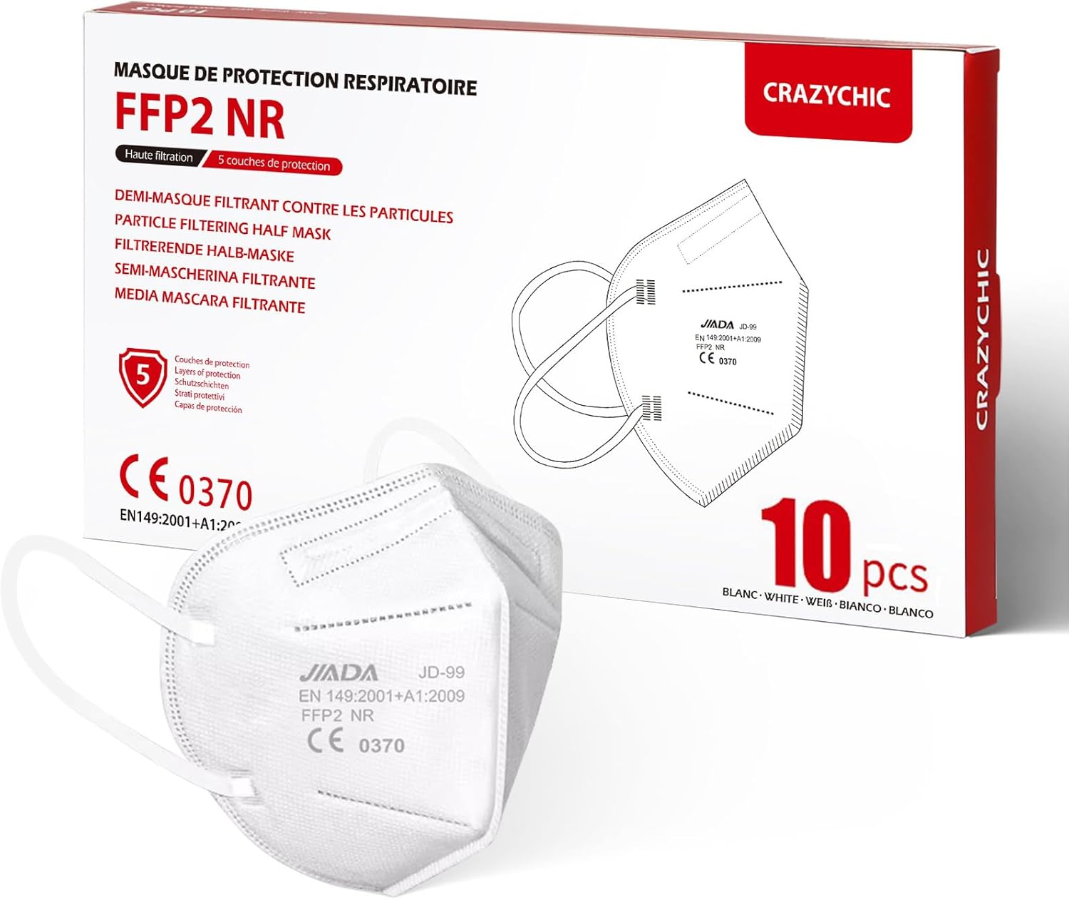 Thumbnail 6 de Masque FFP2 NR CRAZYCHIC blanc, certifié CE EN149, demi-masque filtrant (boîte de 50, emballage individuel)
