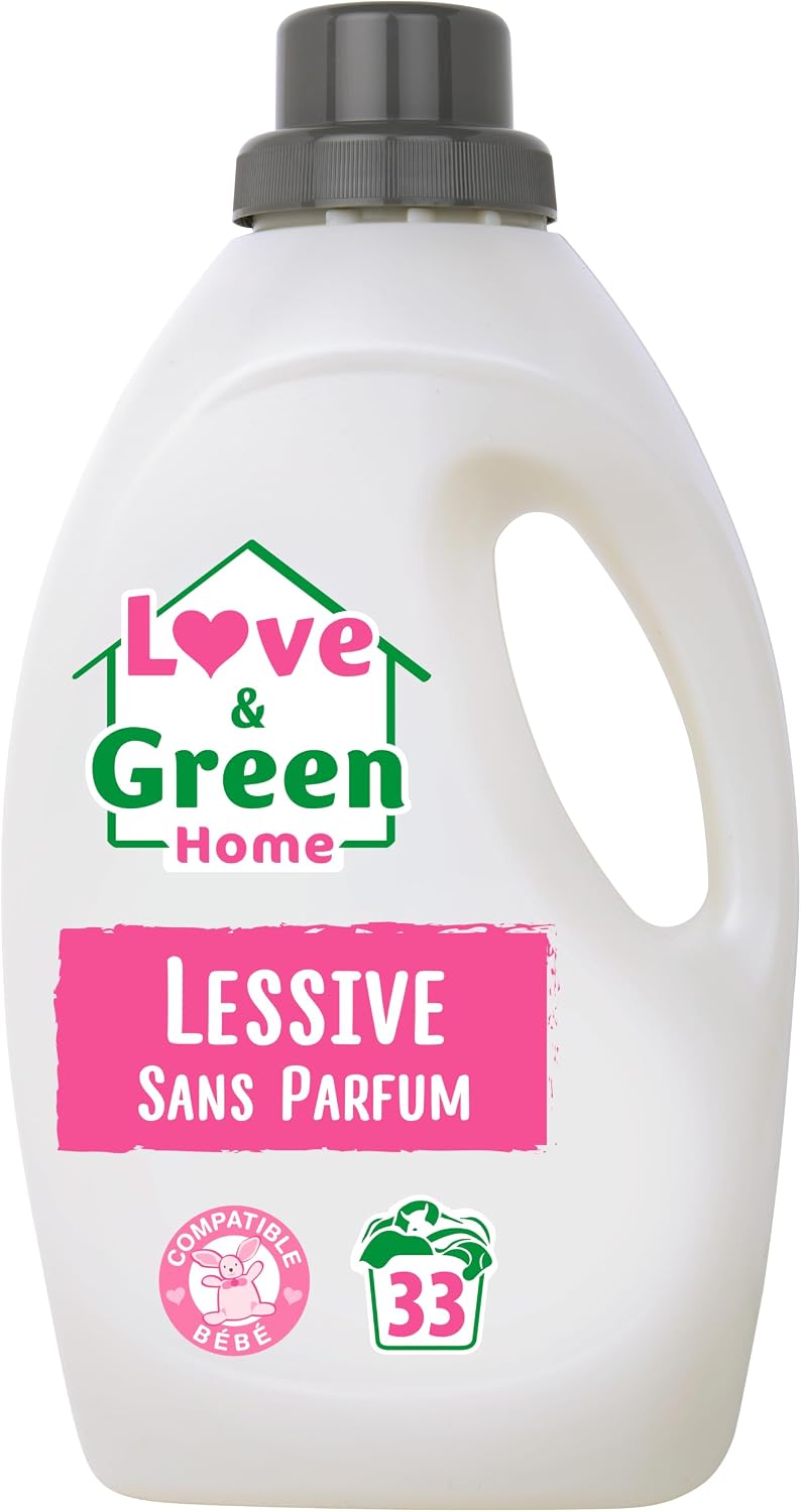 Detalle de Love & Green Home Lessive écologique rechargeable sans parfum certifiée Dermatest 5 étoiles – 1,5 L (jusqu’à 33 lavages)