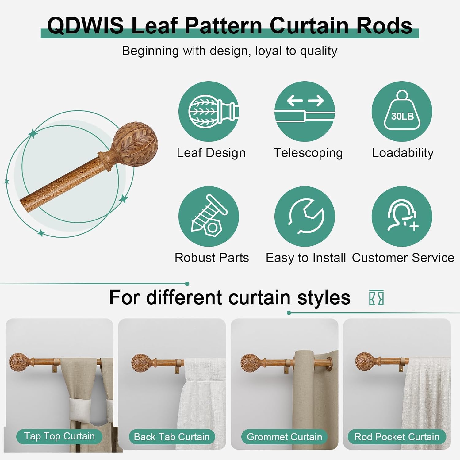 Thumbnail 6 de QDWIS CA-QD-01-WD-18-60-2Pack Adjustable Curtain Rods, Faux Wood Grain
