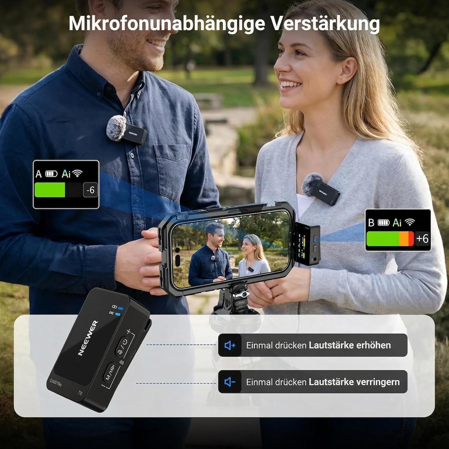 Thumbnail 2 de NEEWER CM26 Pro AI drahtloses Mikrofon (Lavalier) für iPhone, Android, Kamera & PC – mit 2-stufiger AI-Geräuschunterdrückung
