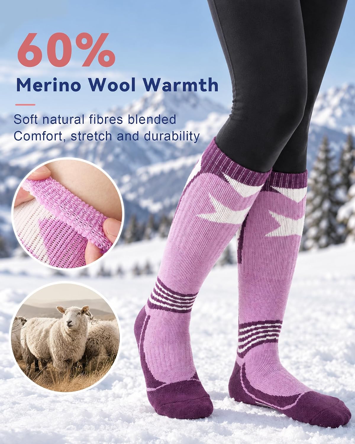 Detalle 2 de Niorasen damskie skarpety narciarskie do kolan, 60% wełny merino, 3 pary