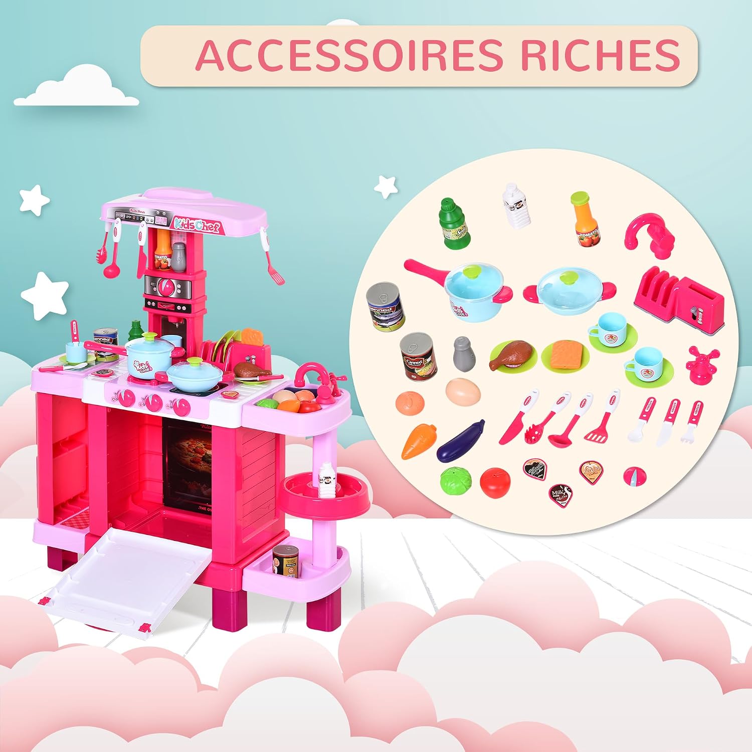 Detalle de HOMCOM kinderkeuken met 38 accessoires, geluiden en lichtjes in roze