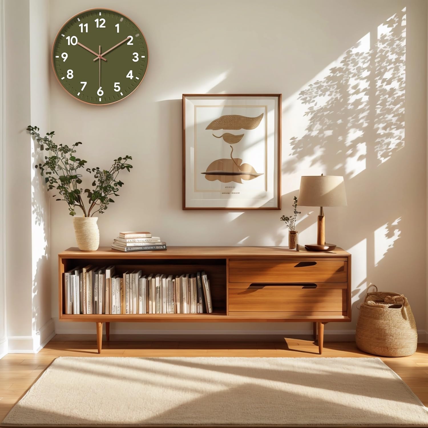 Detalle de COMTEX Minimally Modern Olive Green Wall Clock (12 inch) – Quiet Quartz Living Room Clock