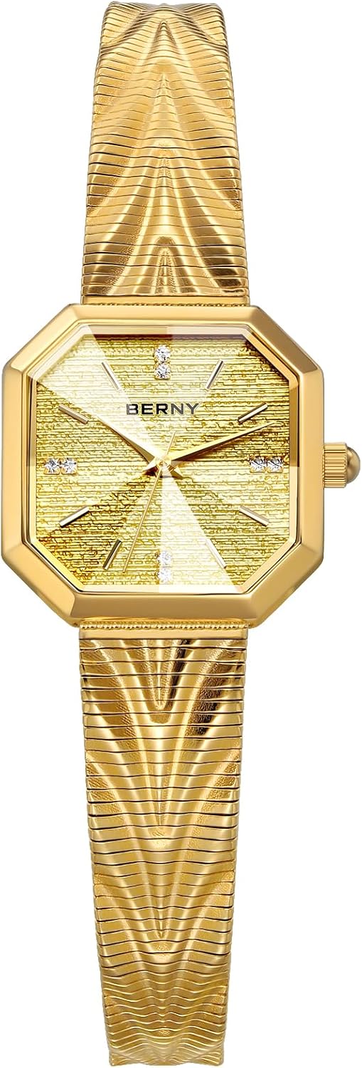 Detalle de BERNY Gold Uhr für Damen – quadratisches Zifferblatt, Quarz, Wasserdicht 3 ATM