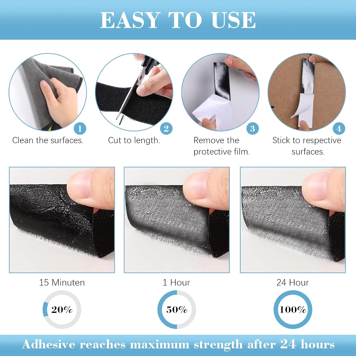 Detalle 2 de JelKen Hook and Loop Tape (20mm x 8m) – Heavy Duty Double Sided Self-Adhesive Strips, Cut-to-Length (Black)
