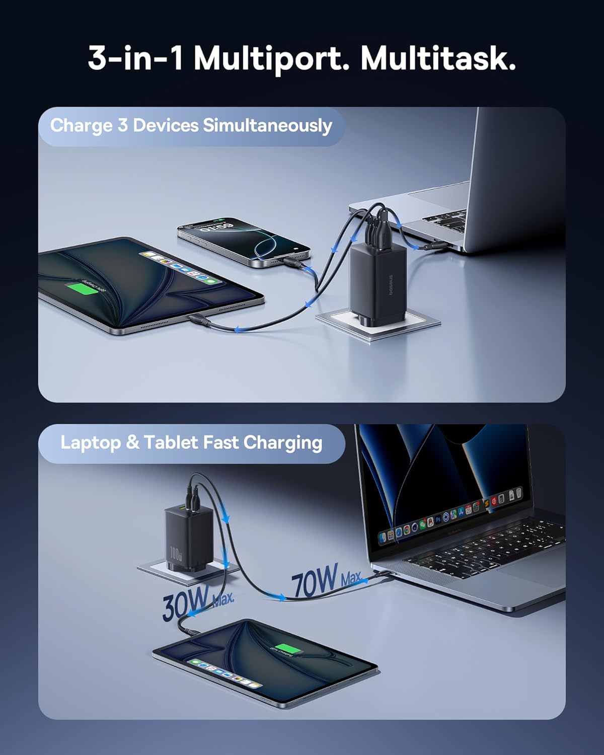 Detalle de Baseus 100W 3‑Port USB Charger Plug for Laptops