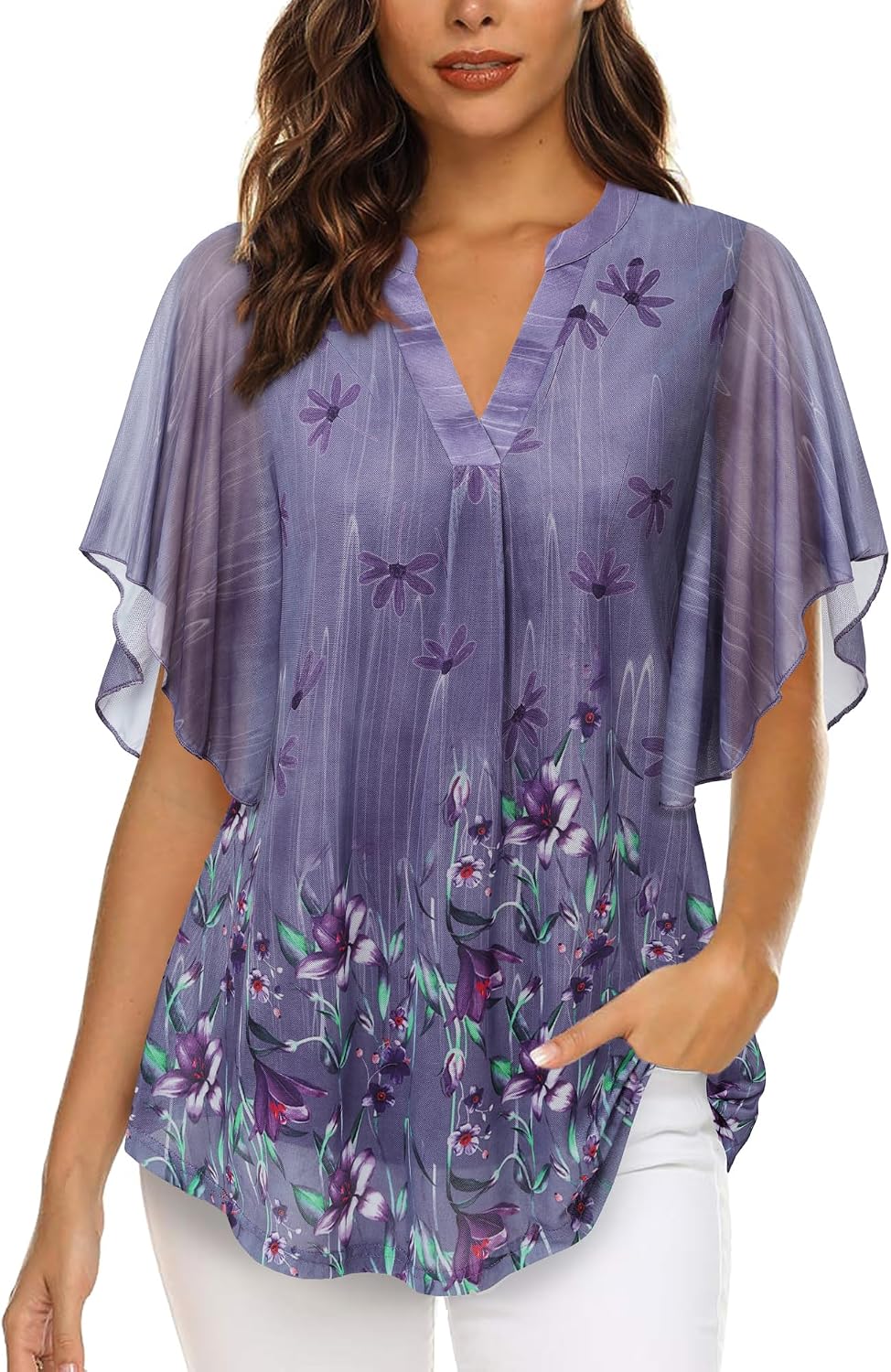 Detalle 2 de Vafoly Damen Bluse Kurzarm Tunika mit V-Ausschnitt und Mesh-Optik
