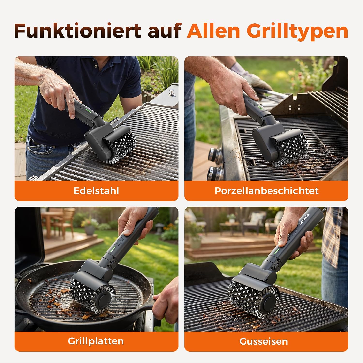 Detalle 2 de Leebein Elektrische Grillbürste für BBQ – 3-Gang Rotationsreiniger mit 3 austauschbaren Köpfen