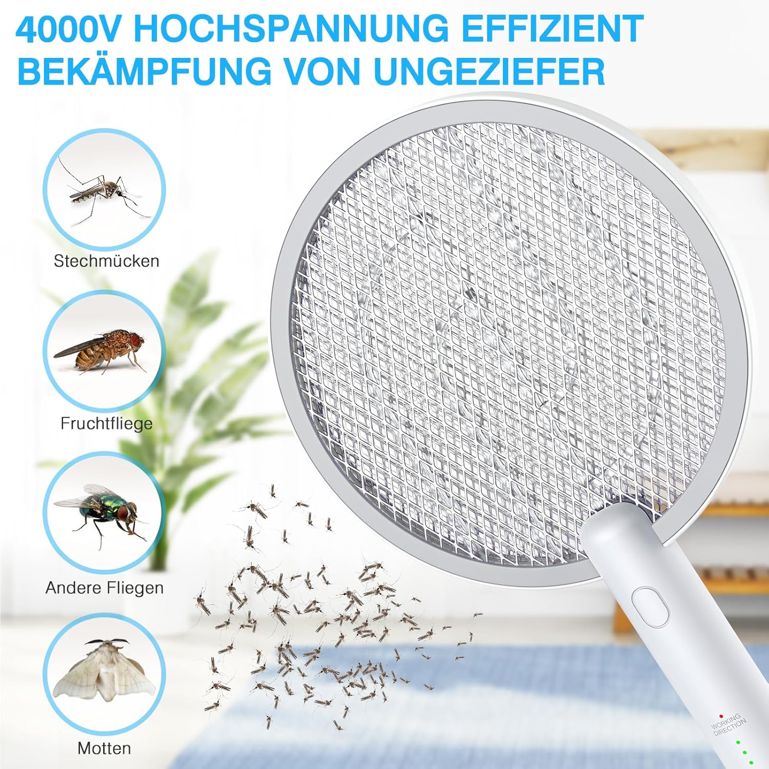 Detalle de PALONE Elektrische Fliegenklatsche Insektenvernichter 2-in-1: 4000V, UV-Lampe, USB-Aufladung