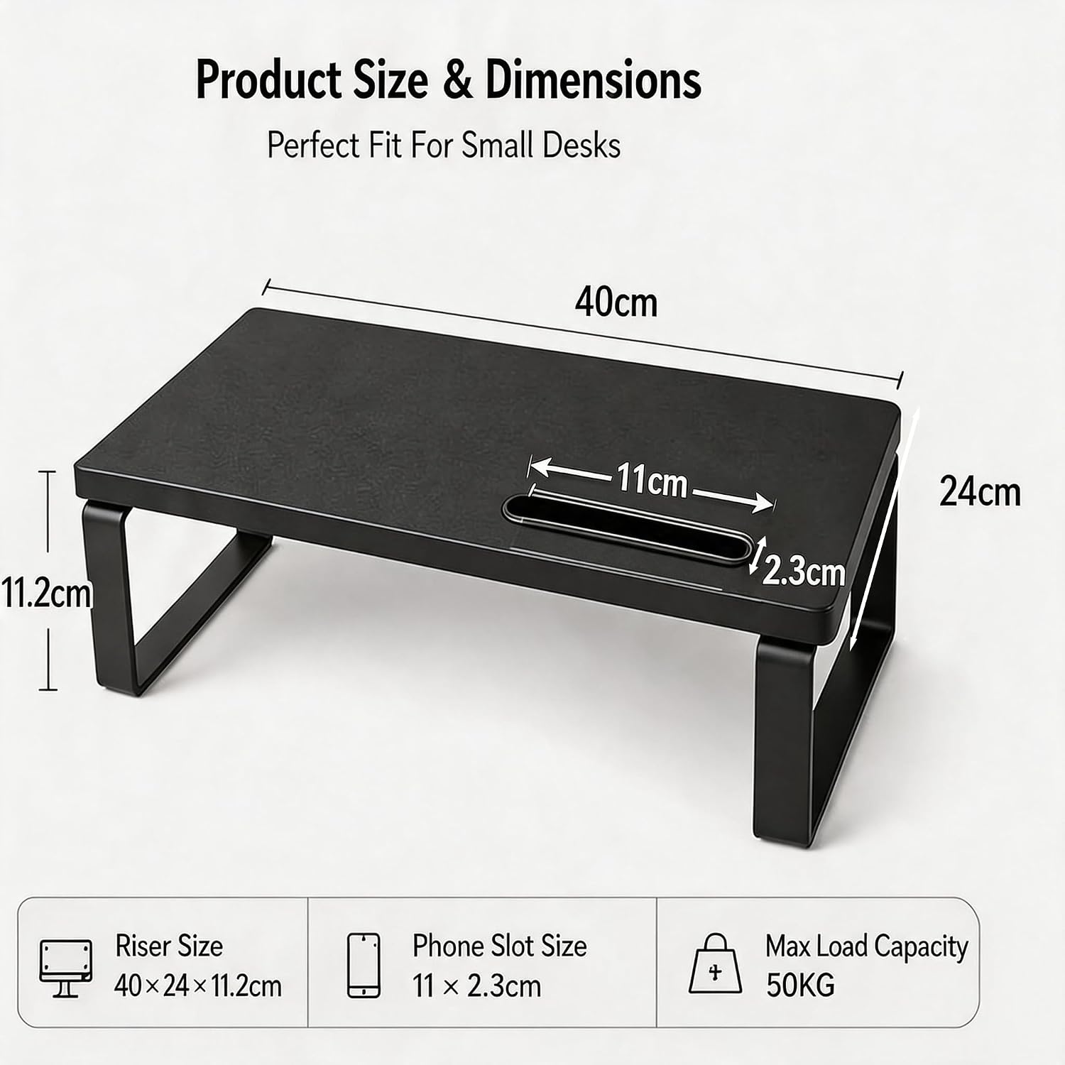 Detalle de DOMSHOCT Monitor Stand Riser with Phone Holder — 40 x 24 cm, 50 kg Load, Black