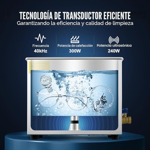 Detalle de VEVOR Limpiador ultrasónico 10L con temporizador y control de temperatura – 240 W, acero inoxidable 304