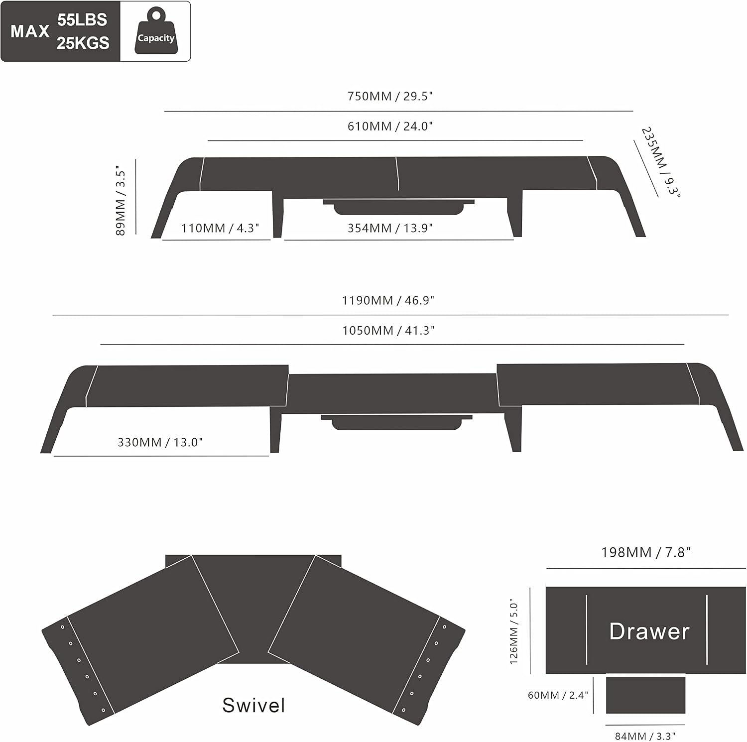 Detalle 2 de Fenge Dual Monitor Stand 119cm Large with Removable Slot Drawer, Adjustable Angle Shelves & Desk Organisation (Black)