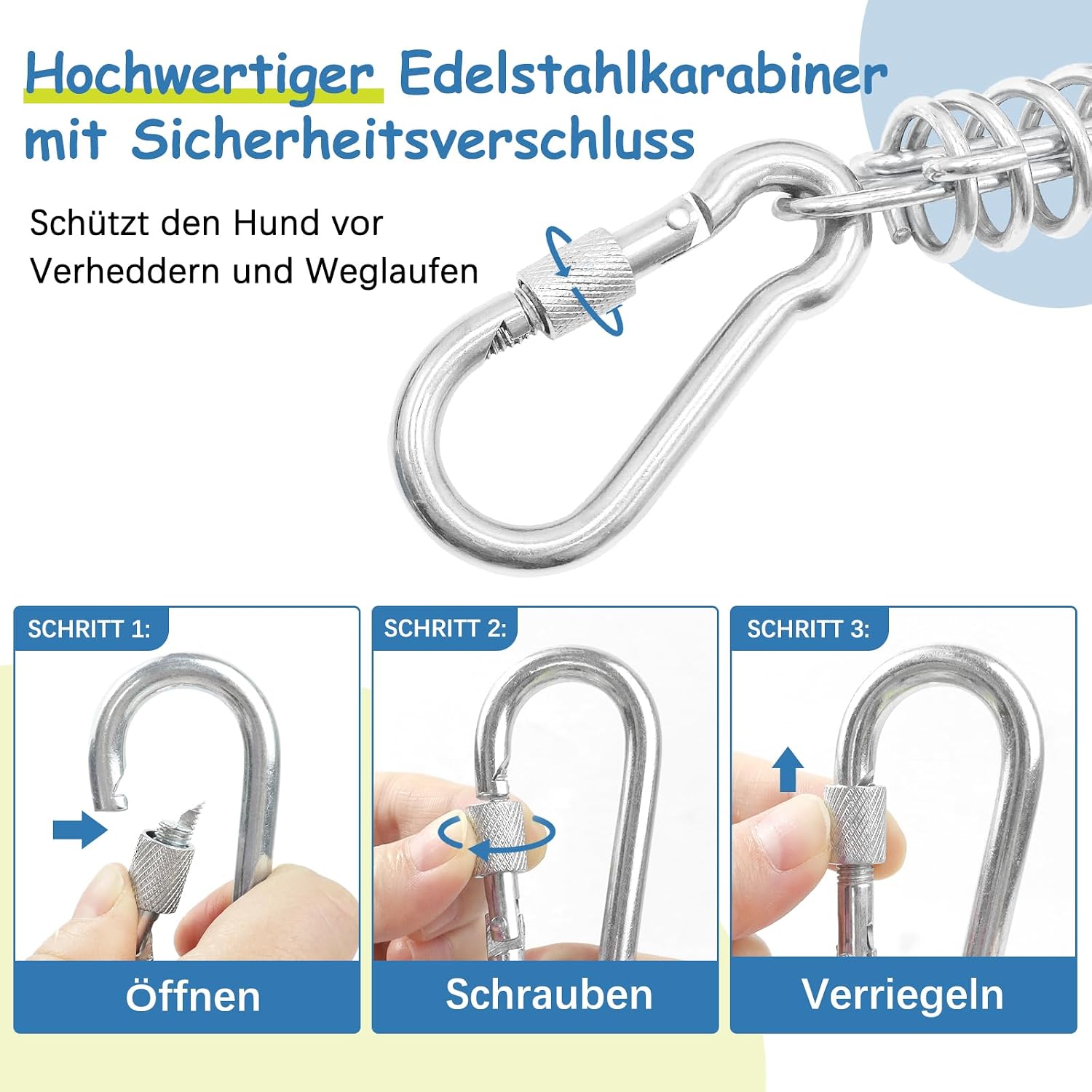 Detalle 2 de Hofleine für große Hunde – 15 m Laufleine mit Feder, rostfreiem Haken und reflektierender Beschichtung