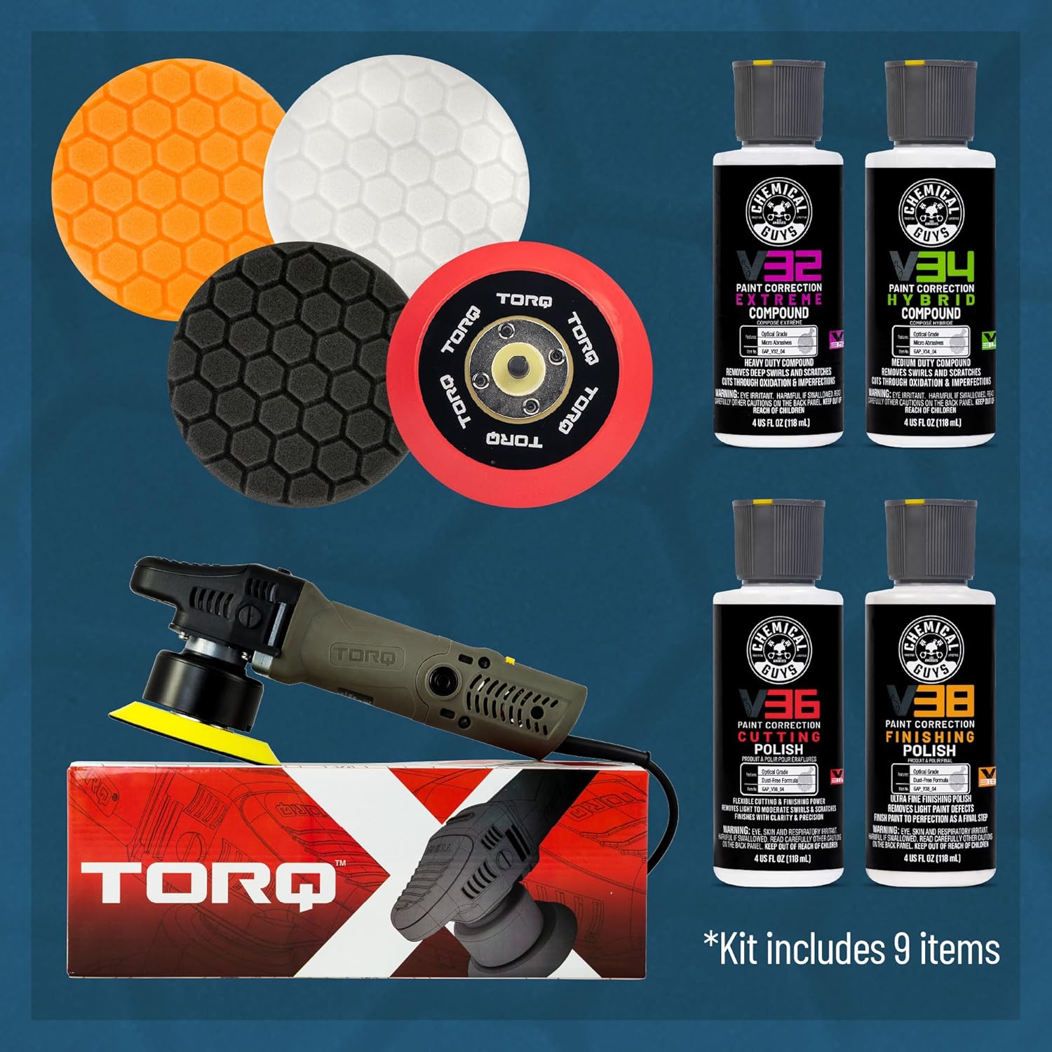Detalle de Chemical Guys TORQX Random Orbital Polisher Kit (9-Piece) — 700W, 8mm Orbit