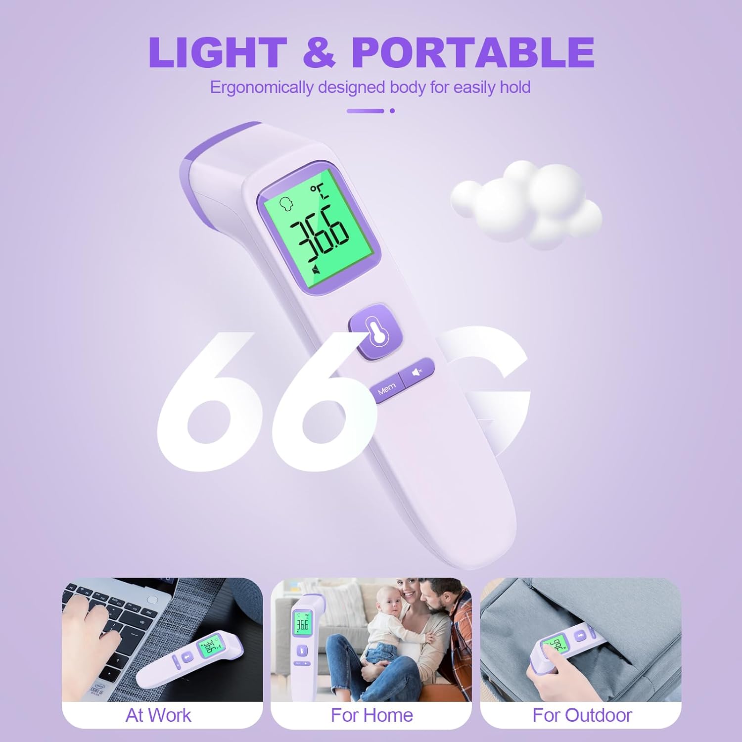Thumbnail 6 de No-Touch Forehead Thermometer (Purple) — Infrared digital touchless thermometer with large display