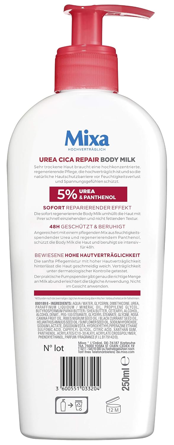 Detalle de Mixa Urea Cica Repair Body Milk – beruhigende Körpermilch mit 5 % Urea & Panthenol, 250 ml (2er Pack)