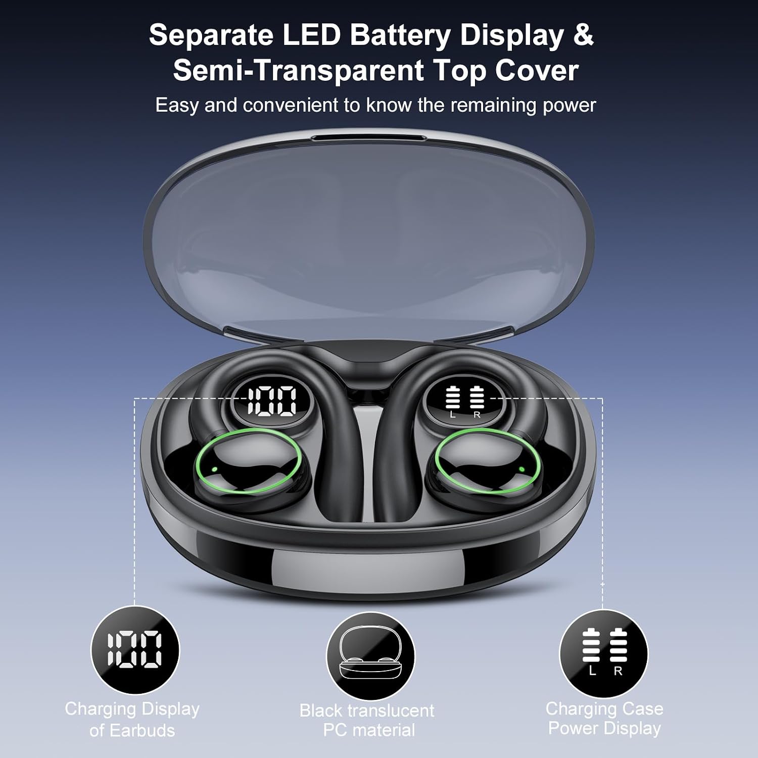 Detalle 2 de PEFUPEW Bluetooth Kopfhörer Sport – Kabellose In-Ear mit 5.3, ENC Noise Cancelling, 48 Std Laufzeit, IP7, LED-Anzeige