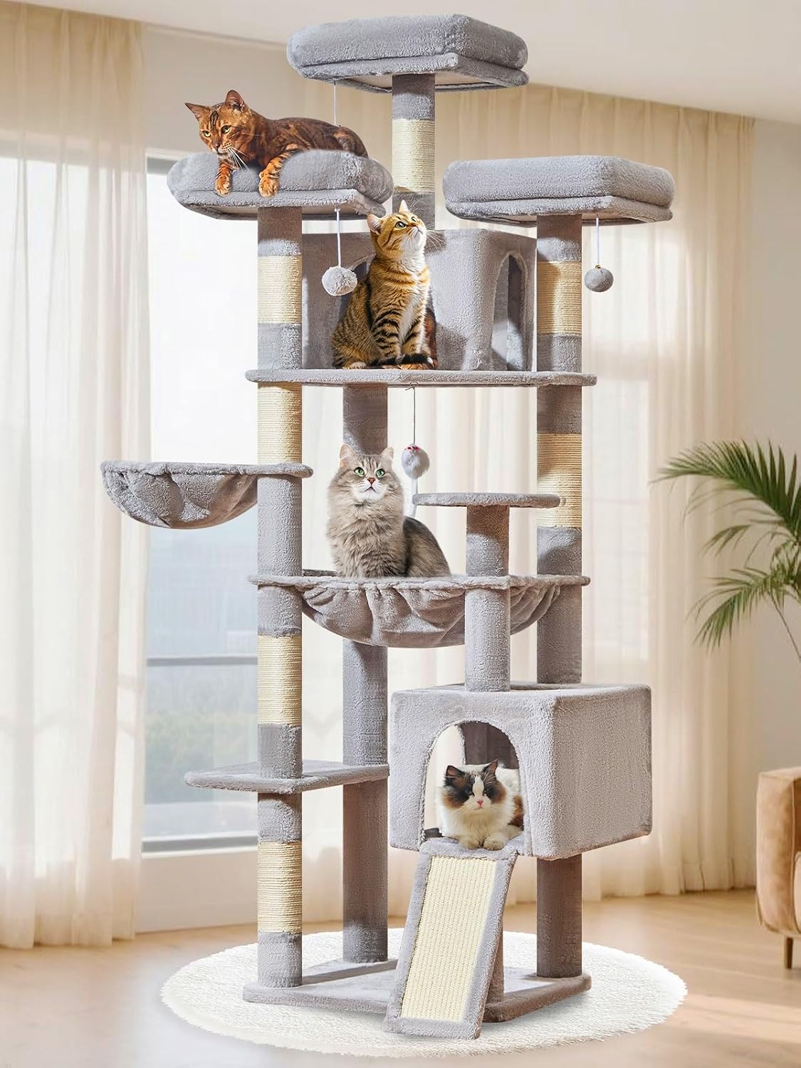 Detalle de Taoqimiao MS047W 193 cm Cat Tree with 7 Sisal Posts, Metal Hammock & Hanging Basket