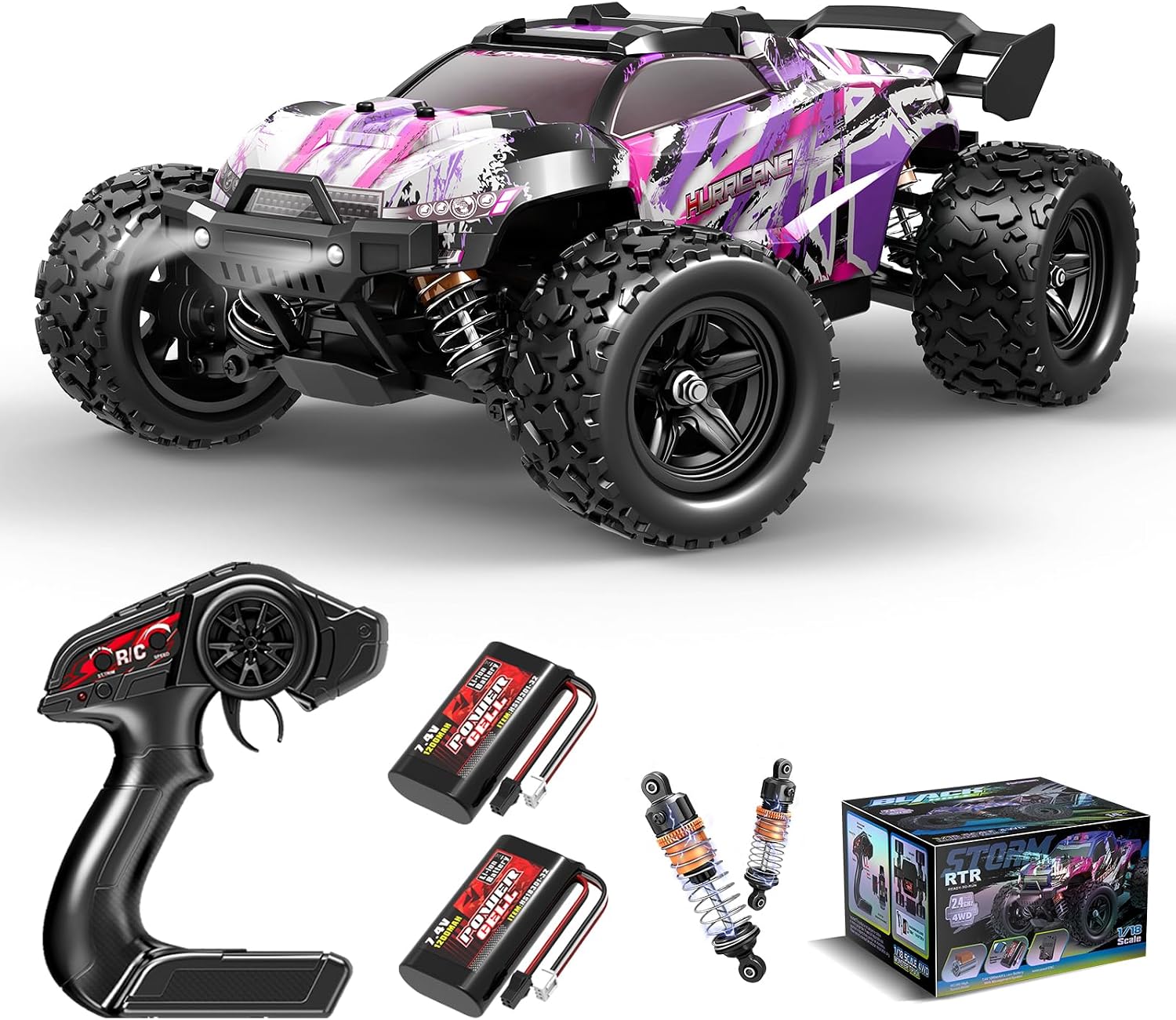 Detalle de Womaqu HS18323 RC-auto 1:18, paarse 4x4-offroadtruck met LED-verlichting