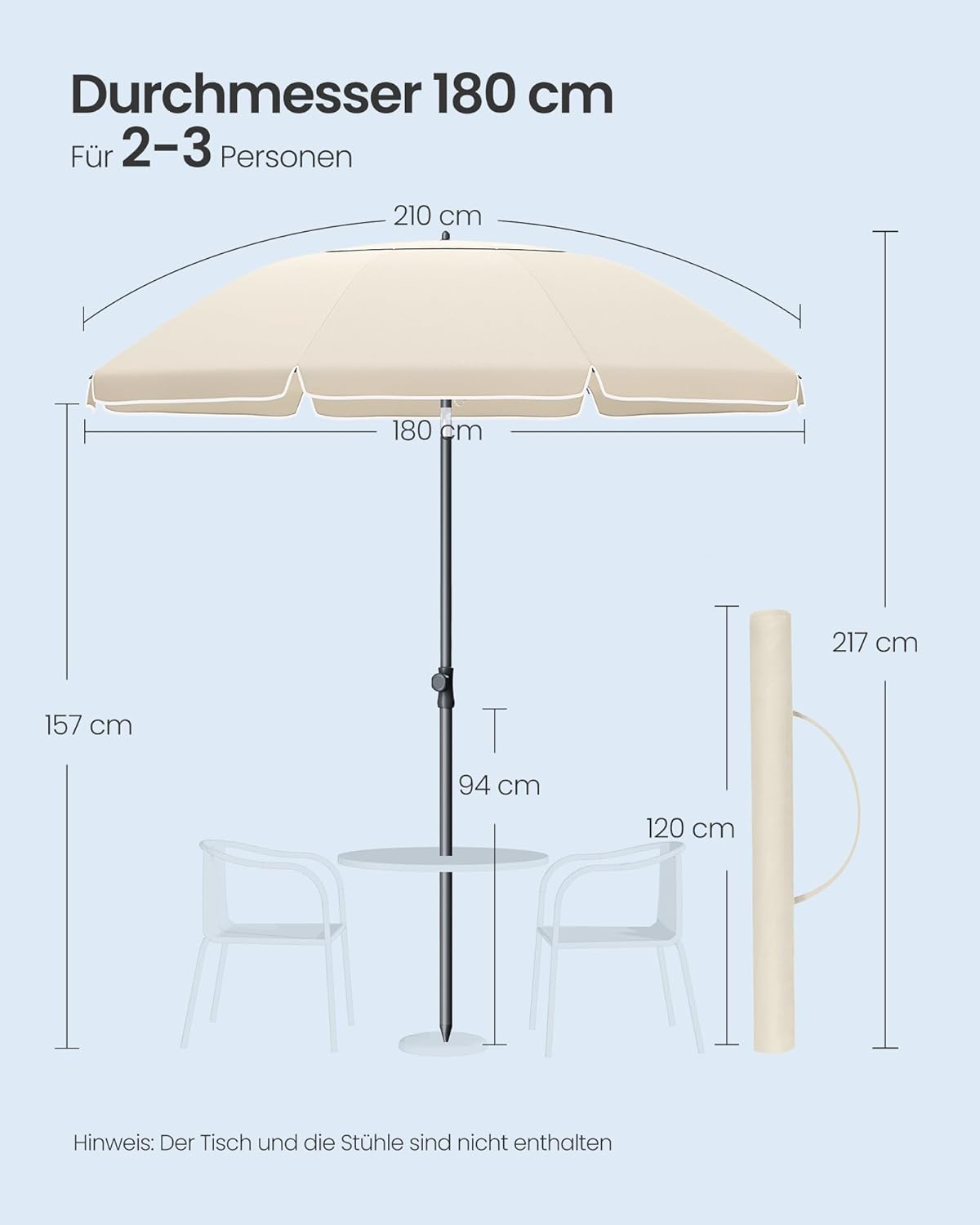 Thumbnail 4 de SONGMICS Sonnenschirm 180 cm mit UPF 50+, beidseitig um 30° knickbar und höhenverstellbar (beige, ohne Ständer) GPU062LZ01