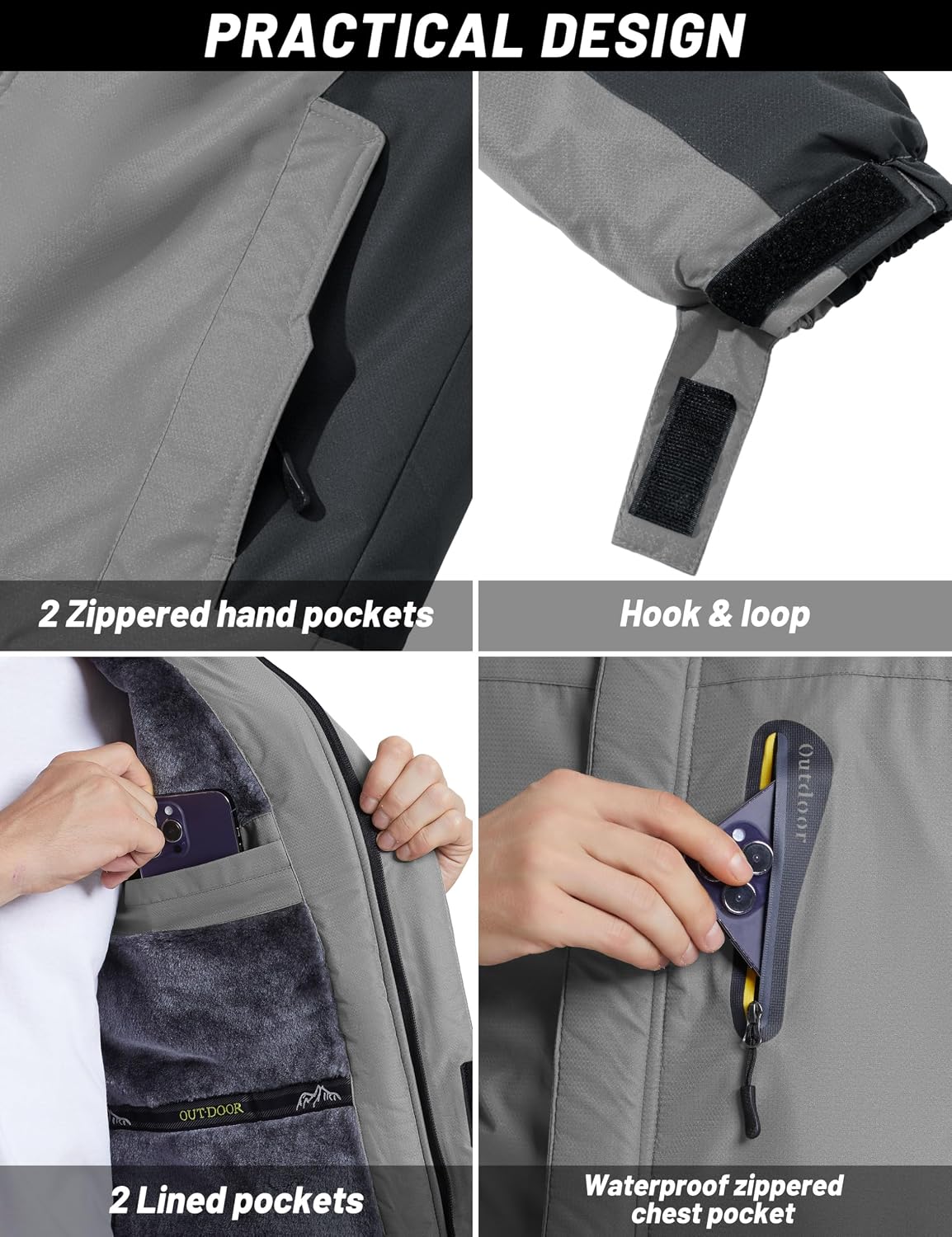 Detalle de TACVASEN Men's Waterproof Fleece-Lined Winter Ski Jacket with Multi-Pockets