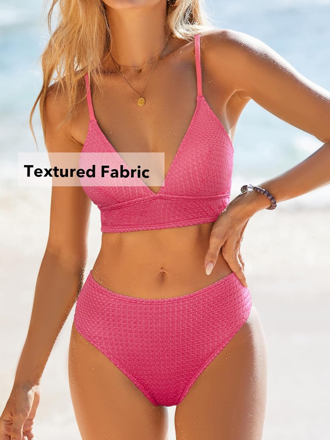 Detalle 2 de CUPSHE Maillot de Bain Deux Pièces pour Femme — Décolleté en V et Nœud Dos, Taille Mi-Haute