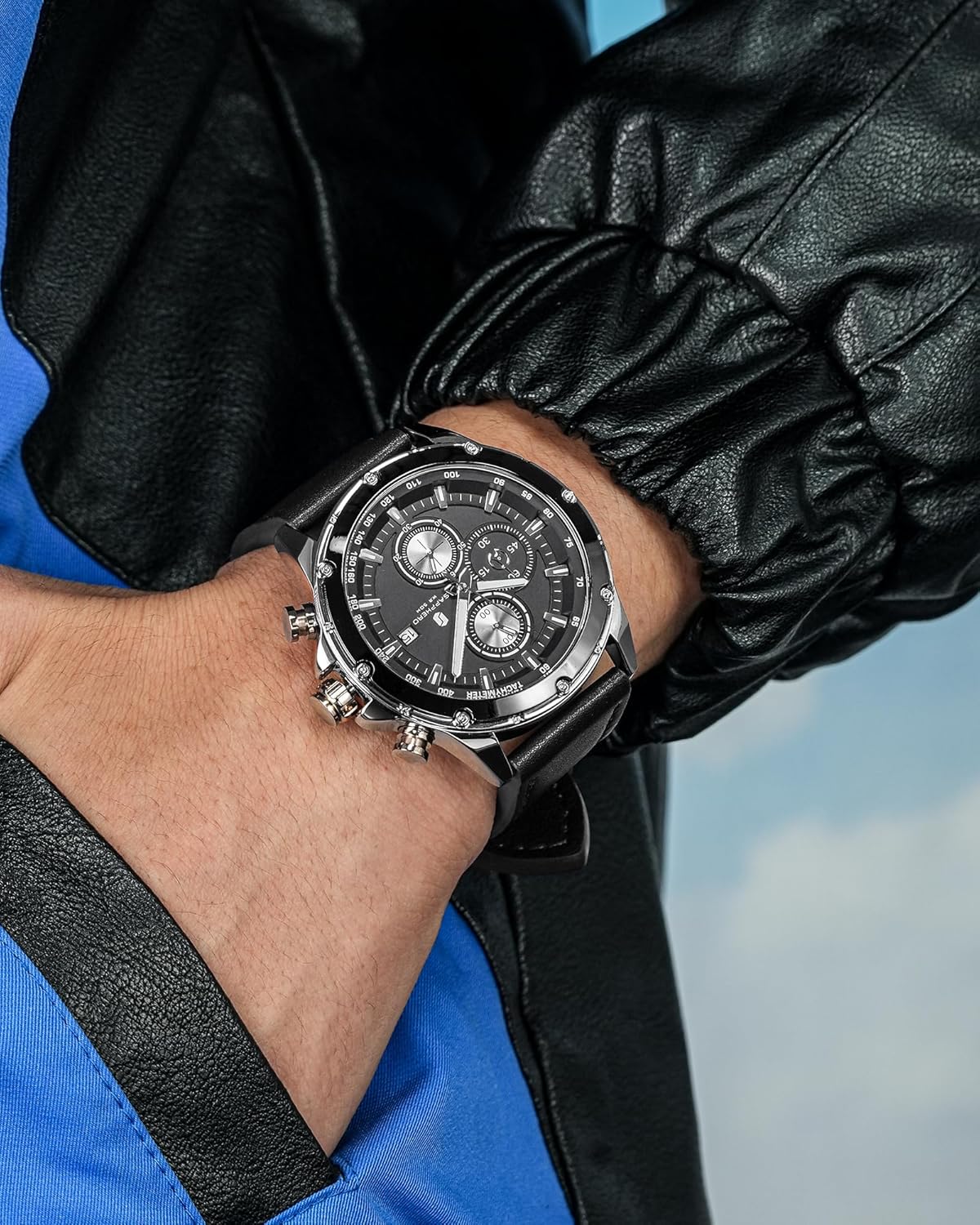 Detalle 2 de BENYAR BY Orologio da uomo al quarzo con cinturino in pelle - 46 mm, cassa in lega, impermeabile e luminoso