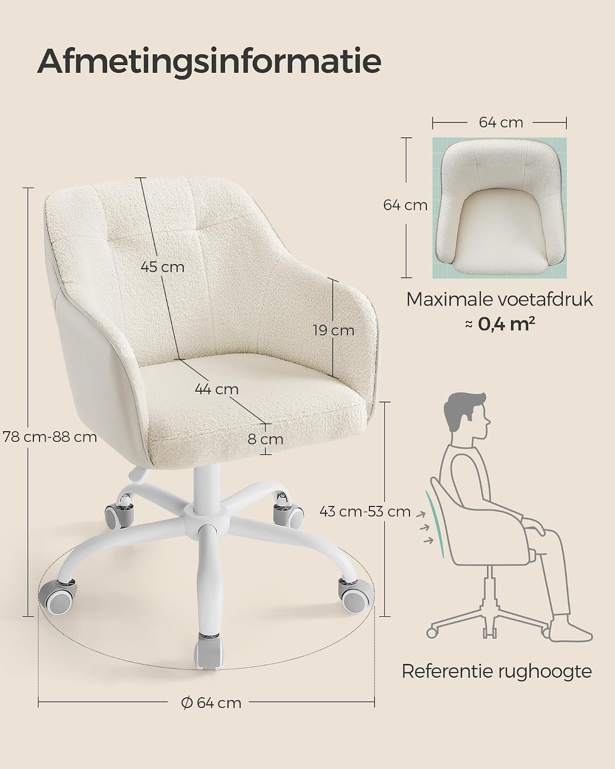 Detalle de SONGMICS TYRA OBG019W01 bureaustoel met teddyfleece, PU en verstelbare zithoogte