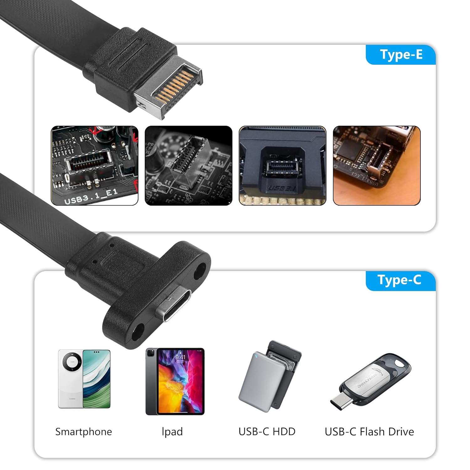 Thumbnail 1 de SinLoon USB 3.1 Front Panel Type-C Extension Cable (20Pin Type‑E) with Full Height Bracket – 30cm, 2-Port