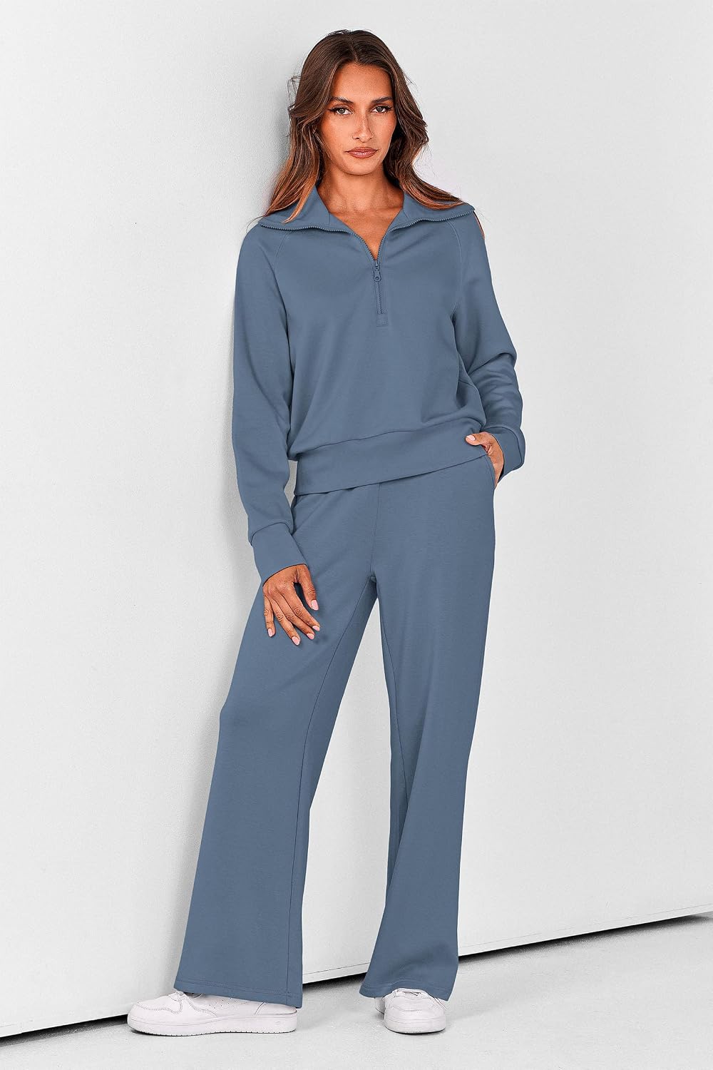 Detalle de PRETTYGARDEN Women’s 2-Piece Casual Tracksuit Set (Half-Zip Sweatshirt + Wide-Leg Pants)