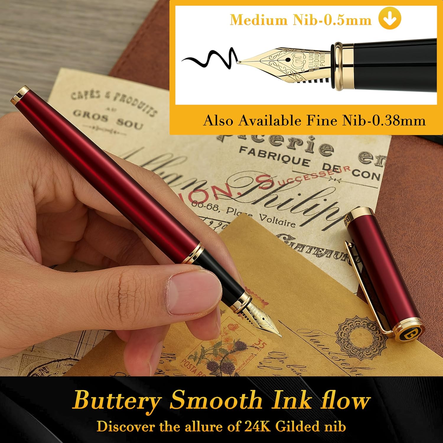 Thumbnail 3 de BEILUNER Penna stilografica di lusso Rosso & Oro con pennino medio 24K