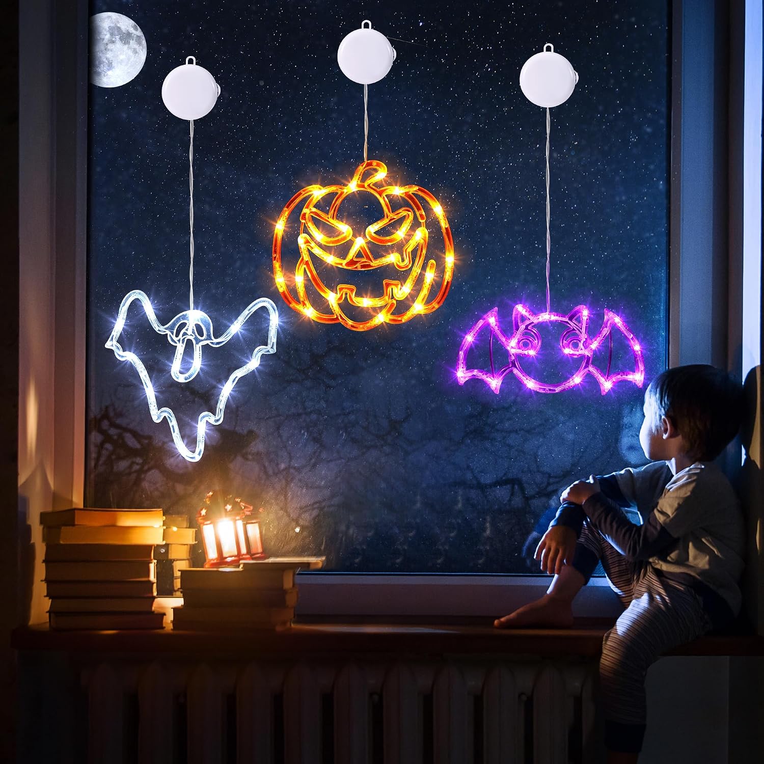 Detalle de Joomer Halloween Window Lights, 3-Pack with Ghost, Bat and Pumpkin Designs