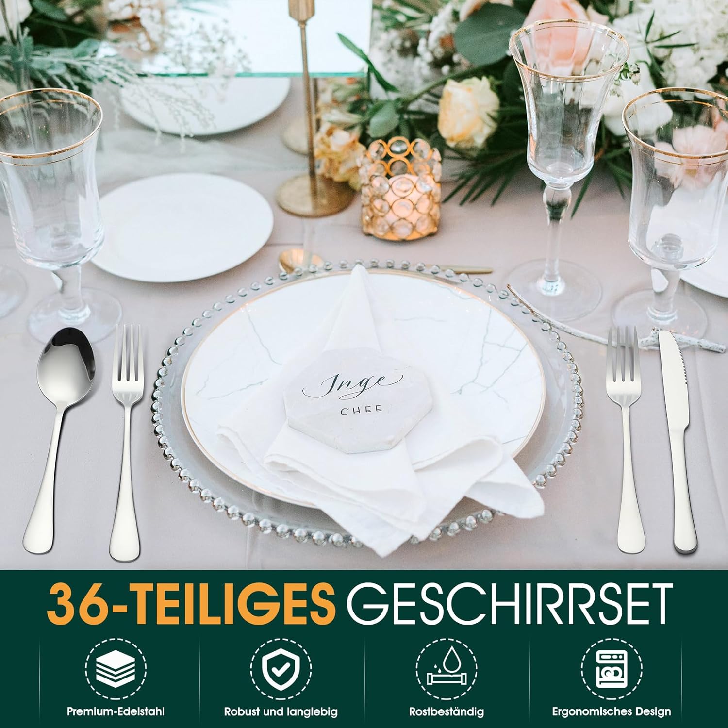 Detalle 2 de TAN REN Besteck-Set für 6 Personen, 36-teiliges Edelstahlbesteck mit Steakmessern (silber)