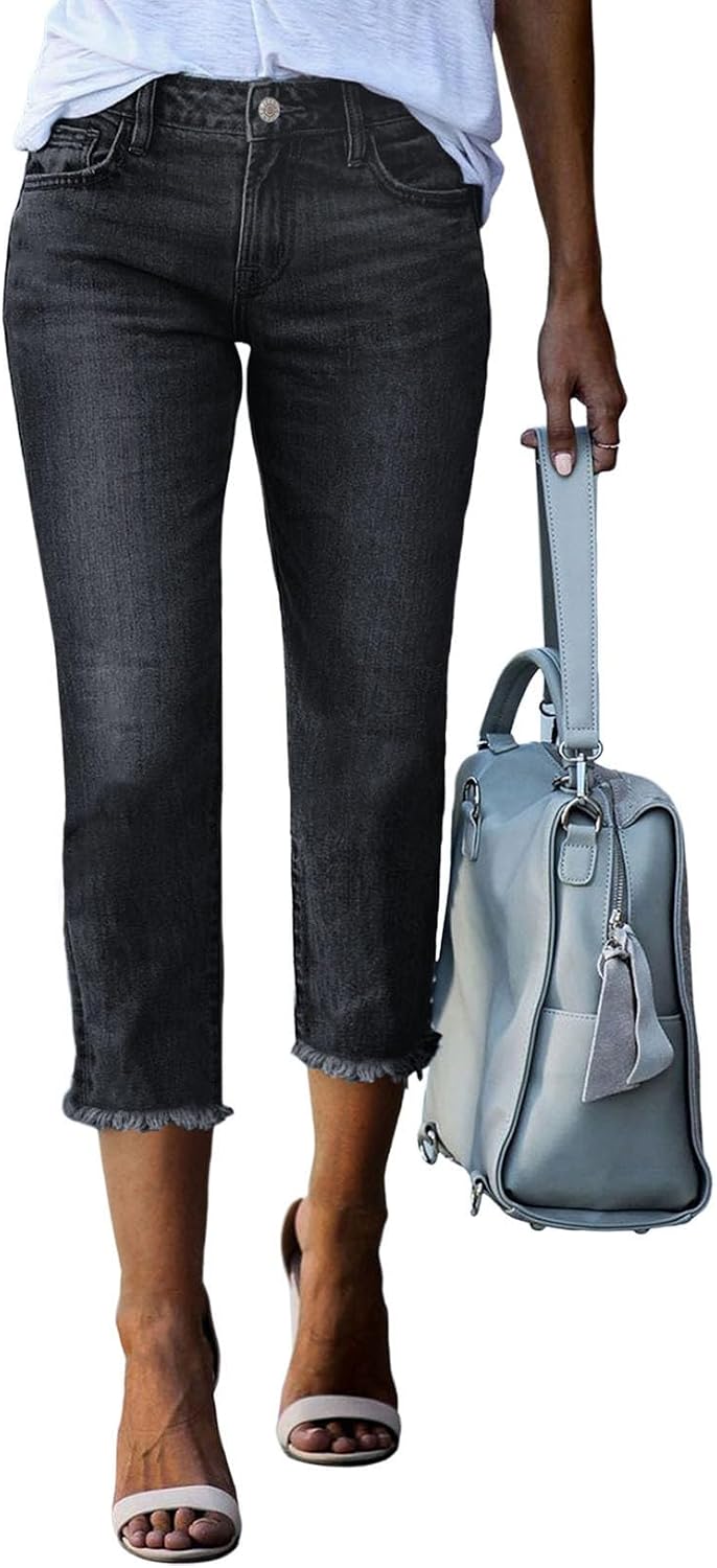 Detalle de Sidefeel Women's Capri Jeans High Waisted Straight Leg Raw Hem Denim Capri Pants
