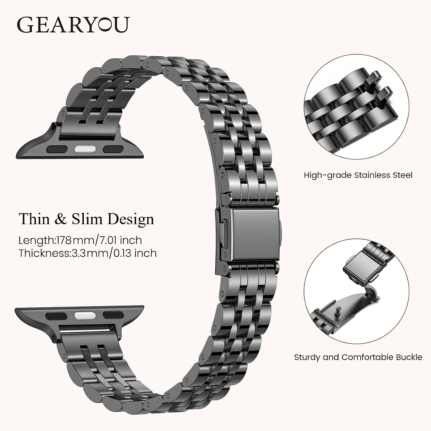 Detalle de GEARYOU Slim Stainless Steel Apple Watch Strap 38–42mm (Series 1–11) – Black