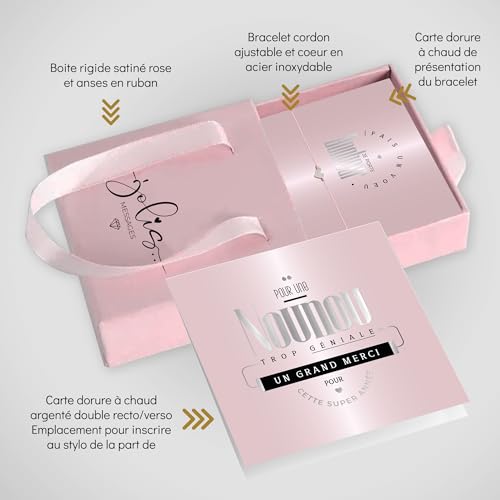 Detalle 2 de ÉNJA Création NOUNOU, bracelet cordon ajustable avec cœur en acier inoxydable