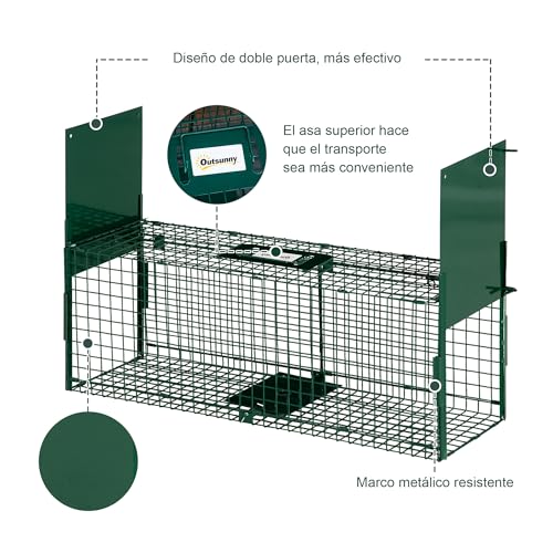 Detalle de Outsunny Trampa para Animales Vivos con 2 Puertas – Jaula de Captura Metálica 80x25x30 cm (Verde Oscuro)