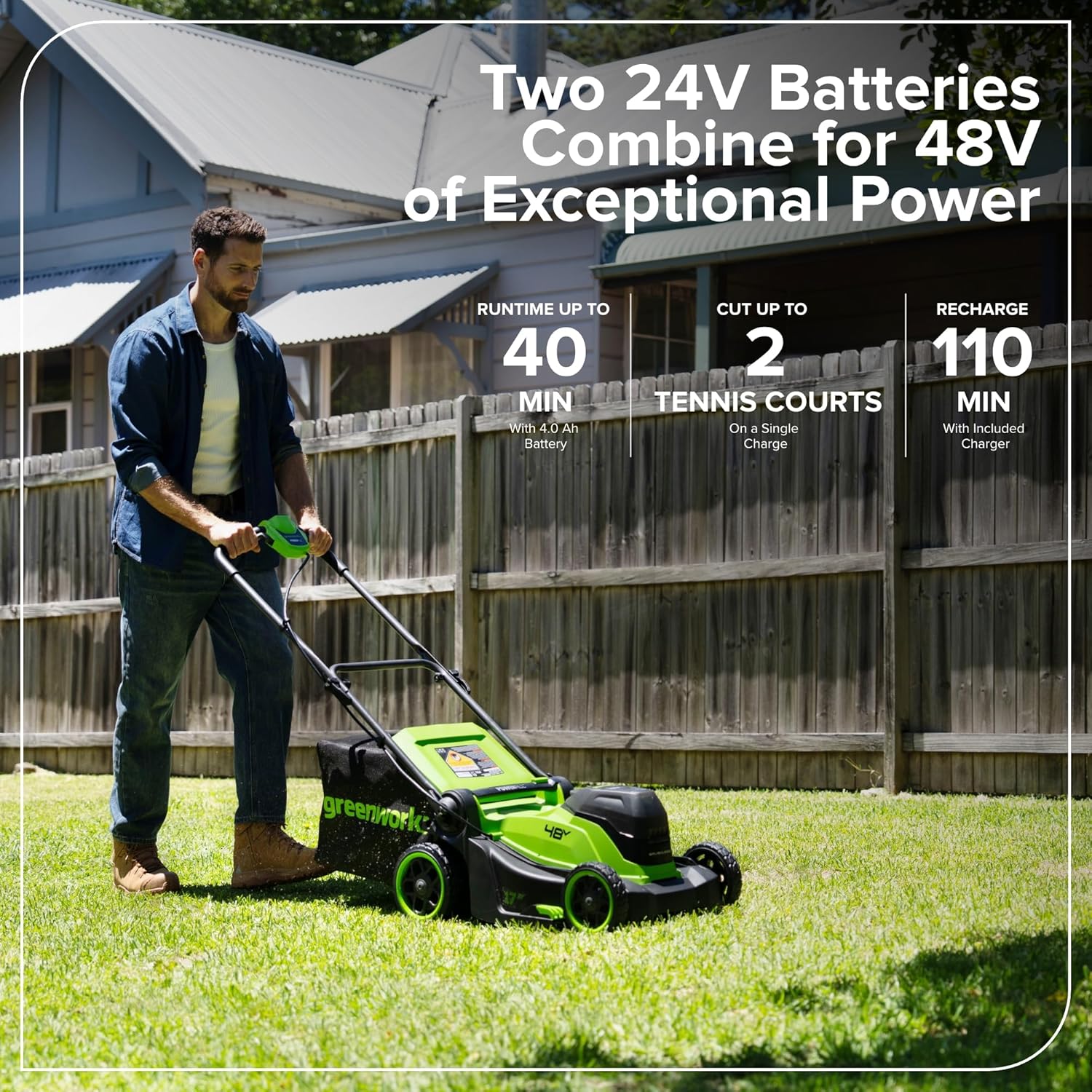 Thumbnail 2 de Greenworks 48V (24V x 2) tondeuse électrique sans fil MO48L422-01 – 41 cm, sac 40 L