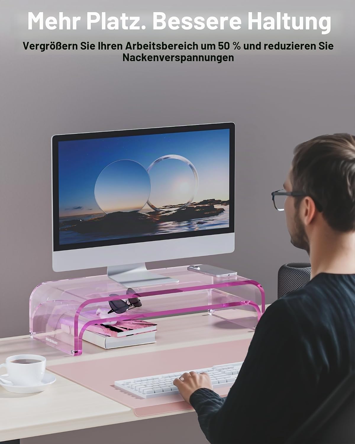 Detalle de ERGO COLLECT Monitorständer Acryl 2er-Set – Transparents 2‑in‑1 Monitorerhöhung aus Acryl