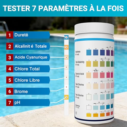 Detalle 2 de AKSBTEC 7-en-1 Bandelette Piscine – Test TAC pour Piscine (pH, Chlore Libre, Chlore Total, Brome, TAC, TH, CYA)