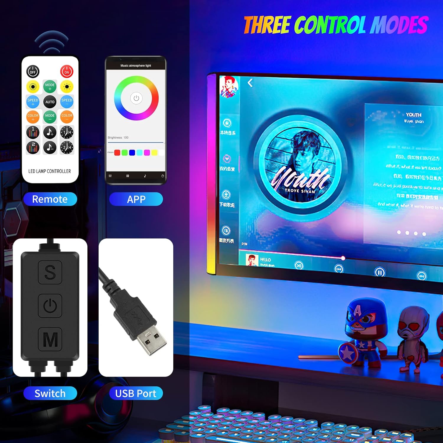 Thumbnail 2 de Melofo RGB Under Monitor Light Bar with RGBIC, Bluetooth App control and remote