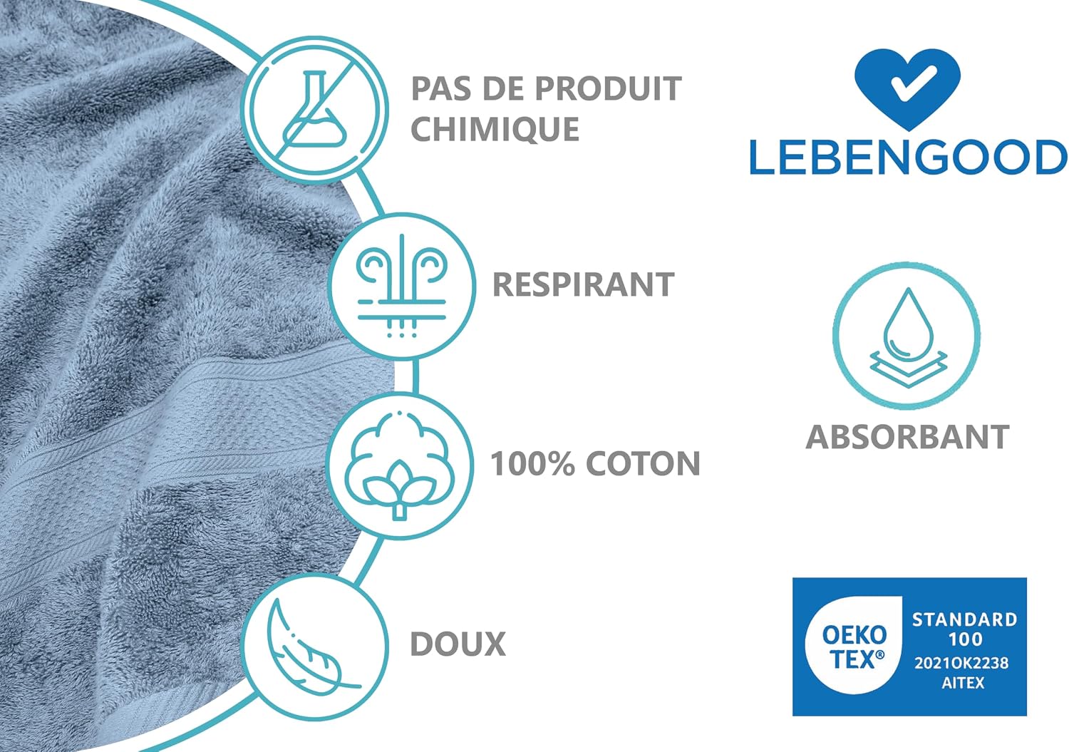 Detalle de LEBENGOOD Lot 8 serviettes de bain 70x140