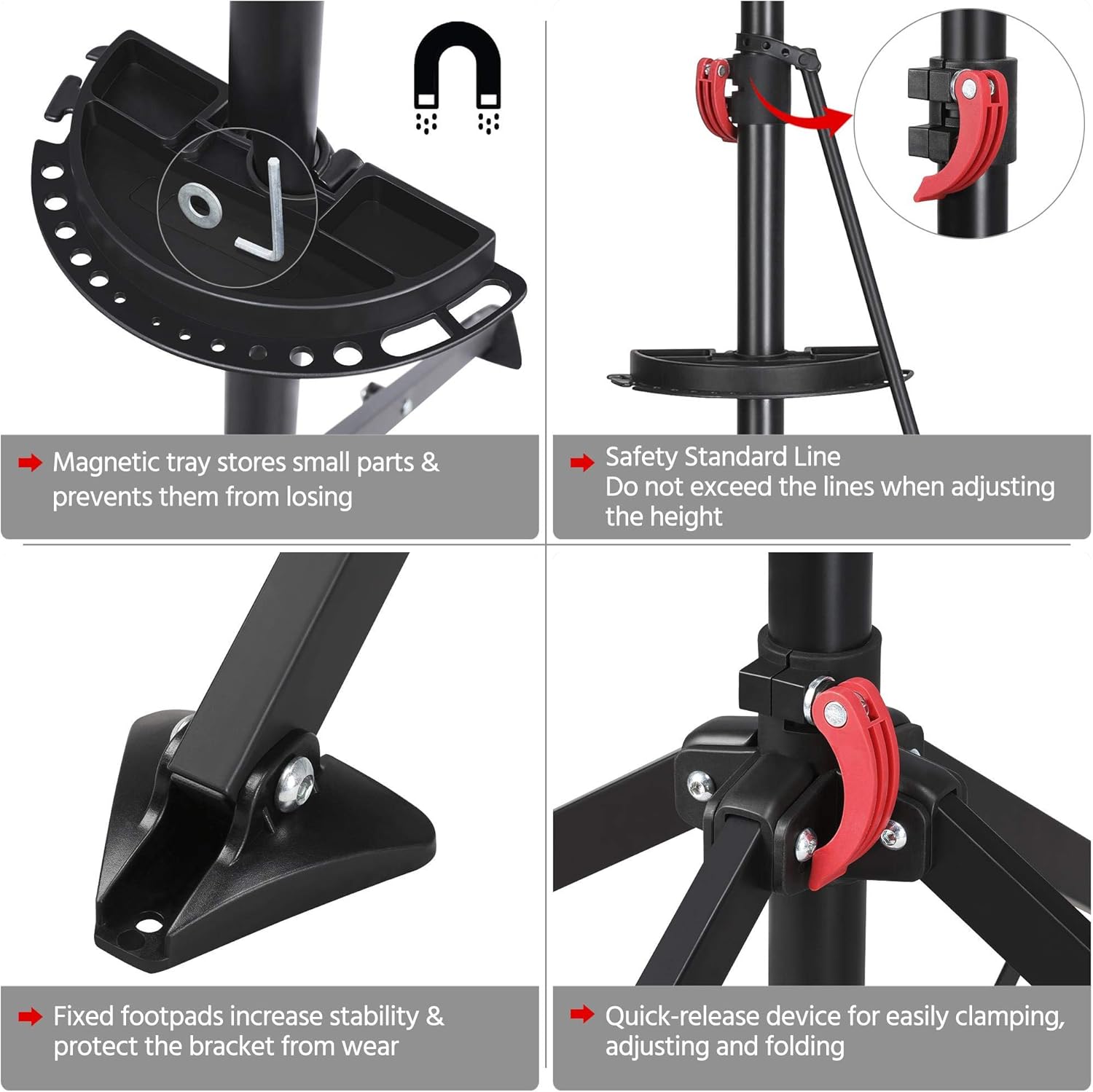 Detalle de Yaheetech Adjustable Height Bicycle Workstand (Folding Bike Repair Stand with Magnetic Tool Tray) — 108.5-188.5 cm, Black