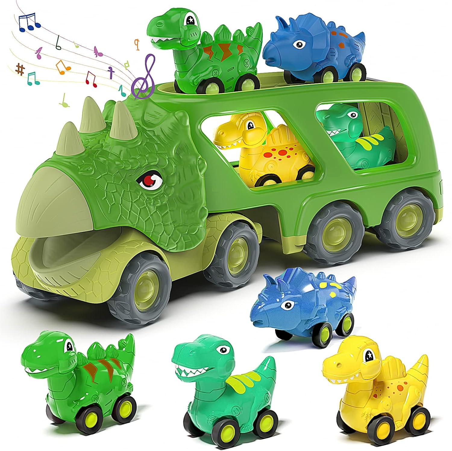 Detalle de Veslier XTC103 Dinosaur Truck Toy with 4 Pull-Back Cars, Lights and Sounds