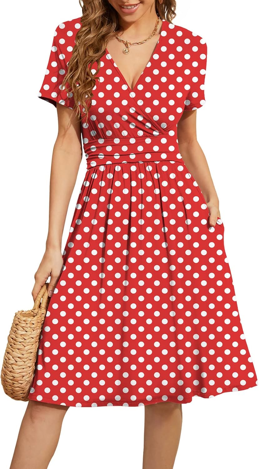 Detalle de Actcat V-Ausschnitt Kleid mit Taschen – Kurzarm, knielang, Sommerkleid im femininen Blusenkleid-Stil